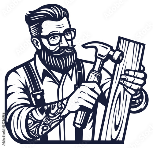 Carpenter hipster with hammer and wood in hands for craft workshop. Silhouette craftsman with tools for construction, carpentry and woodworking. Handmade or craftsmanship with woodcraft, repair work