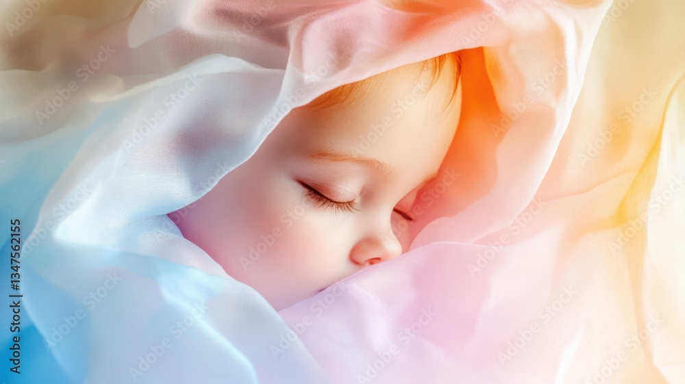 Sleeping baby wrapped in soft pastel fabric with a dreamy watercolor gradient, symbolizing innocence, purity, and peaceful sleep. Sleeping baby wrapped in soft pastel fabric with a dreamy watercolor gradient, symbolizing innocence, purity, and peaceful sleep.