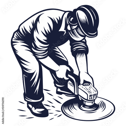 Builder in helmet with angle grinder in hands for workshop. Silhouette worker with tools for construction, carpentry and build, repair work