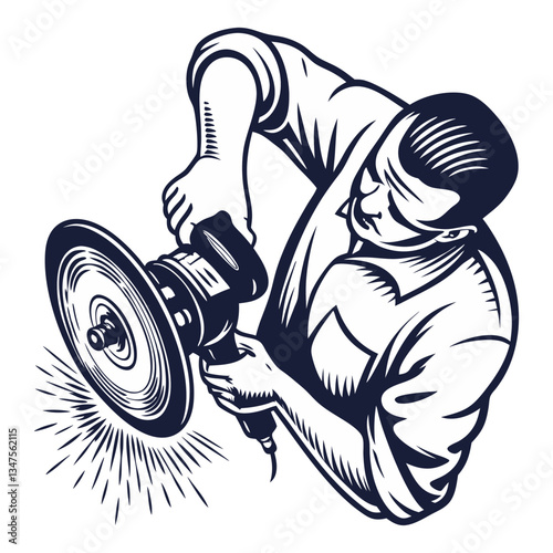 Builder in helmet with angle grinder in hands for workshop. Silhouette worker with tools for construction, carpentry and build, repair work