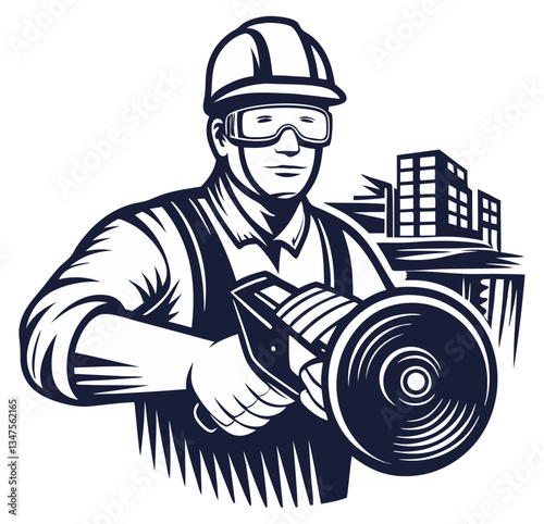 Builder in helmet with angle grinder in hands for workshop. Silhouette worker with tools for construction, carpentry and build, repair work