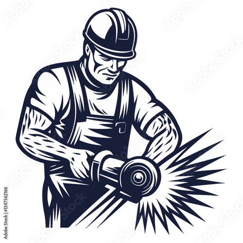 Builder in helmet with angle grinder in hands for workshop. Silhouette worker with tools for construction, carpentry and build, repair work