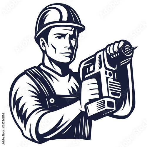 Builder in helmet with angle grinder in hands for workshop. Silhouette worker with tools for construction, carpentry and build, repair work