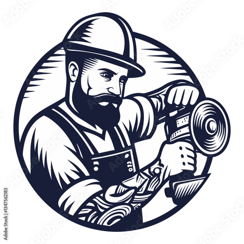 Builder in helmet with angle grinder in hands for workshop. Silhouette worker with tools for construction, carpentry and build, repair work