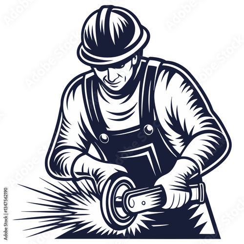 Builder in helmet with angle grinder in hands for workshop. Silhouette worker with tools for construction, carpentry and build, repair work