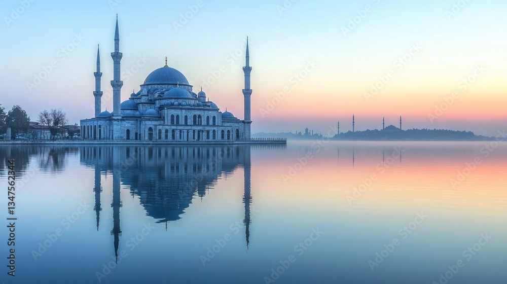 Obraz premium A full view of the mosque on the lake shore, its reflection sparkling in the still water as the morning sun rises