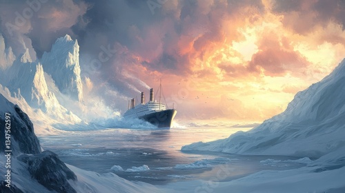 A huge nuclear-powered icebreaker ship seen from above, pushing through the frozen Arctic waters