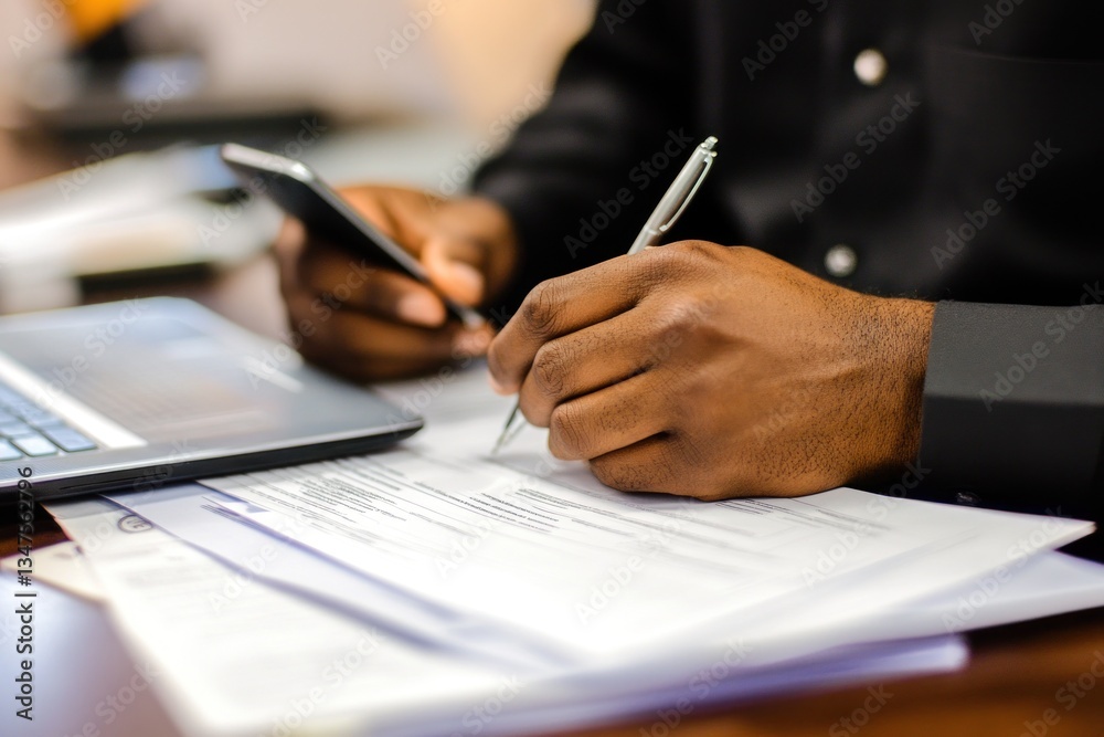 Close-up of hands signing document, phone, laptop. Close-up of hands signing document, phone, laptop.