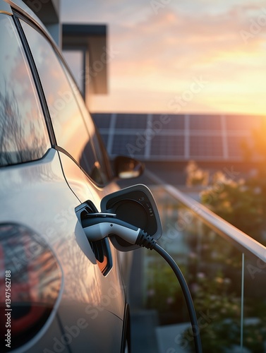 Close-up of charging plug connected to white electric car, solar panels in background, sunrise