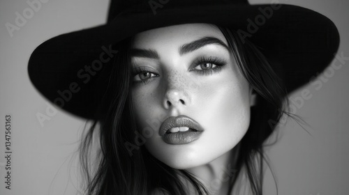 Black and white portrait of young caucasian female with hat and freckles