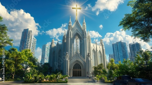 A majestic church standing tall in the heart of the city, a beautifully sculpted cross shining atop its grand facade
