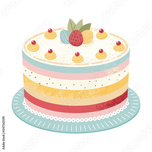 Colorful Cake with Cream and Berries