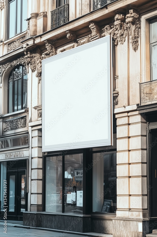 Signboard poster mockup on a facade of the building, blank space to display your advertising or branding campaign Signboard poster mockup on a facade of the building, blank space to display your advertising or branding campaign