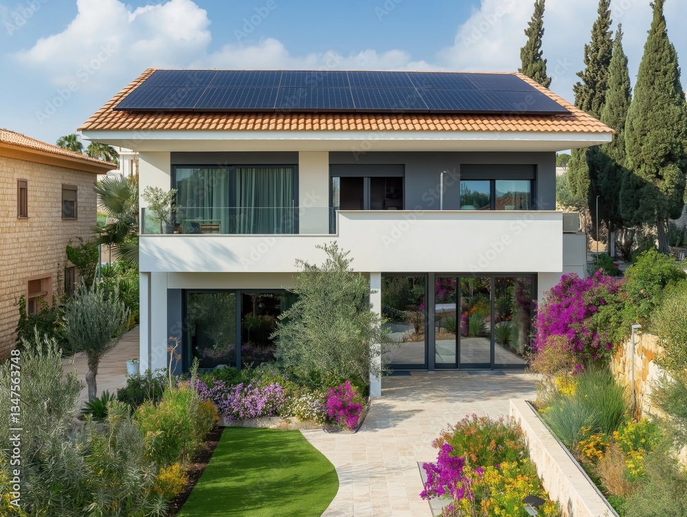 Fototapeta premium Solar panels on the roof of a modern white two-story house with a manicured lawn and flower beds, Israel