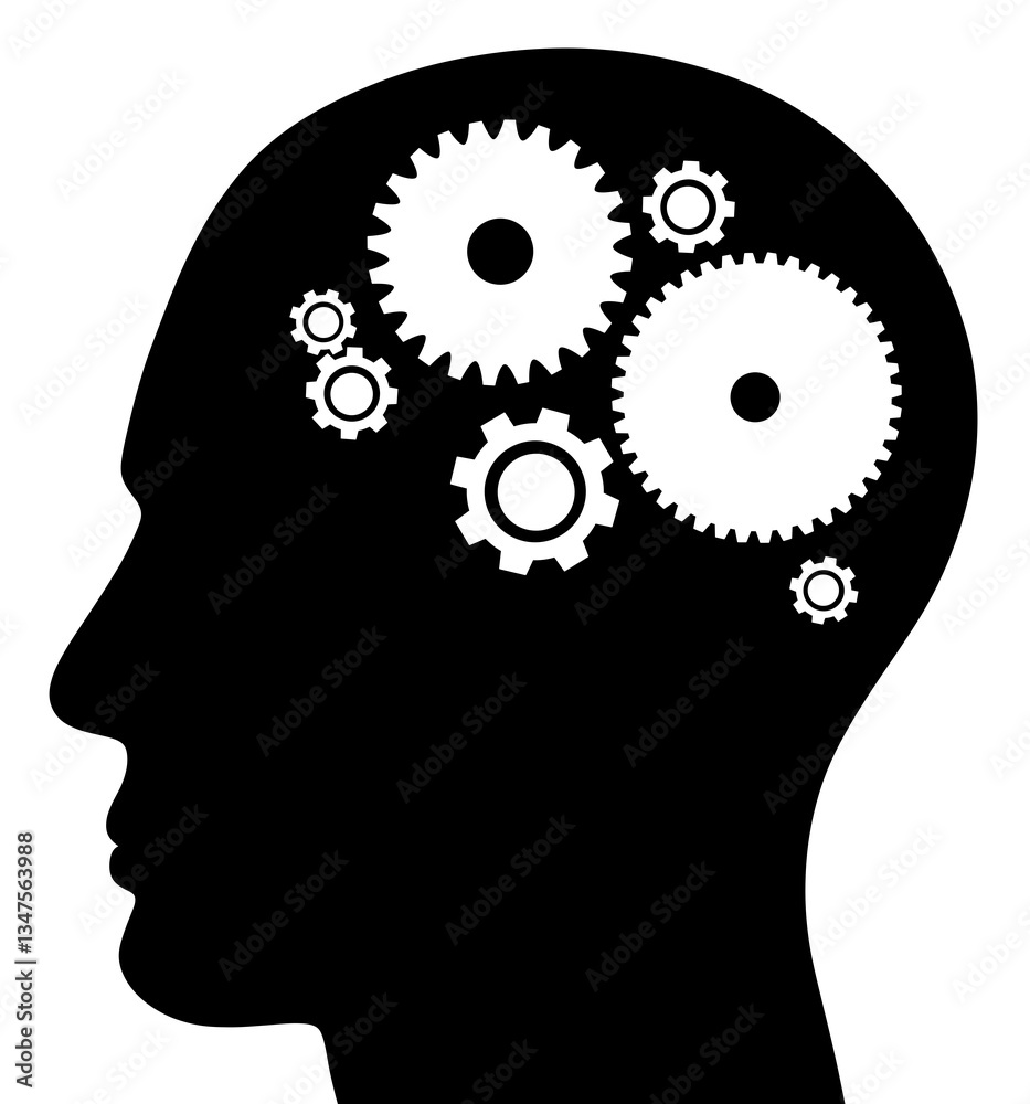Silhouette of a human head with white gears inside, symbolizing the workings of the brain, intelligence, thinking. The concept of creativity, logic and the mechanism of the mind. Silhouette of a human head with white gears inside, symbolizing the workings of the brain, intelligence, thinking. The concept of creativity, logic and the mechanism of the mind.