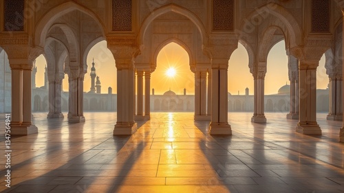 A peaceful courtyard of an Islamic mosque in the early morning, the golden sunlight
