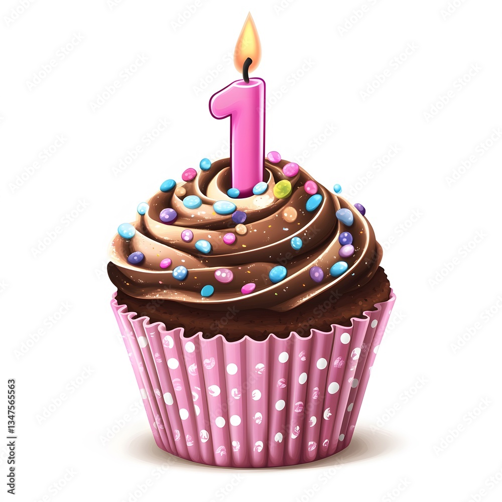 Cupcake with candle celebrating a first birthday Cupcake with candle celebrating a first birthday