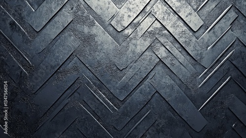 A 3D render has been used to create an image of a wall made from glossy, 3D mosaic tiles, set against a backdrop of polished, herringbone, bullion tiles arranged in a silver block pattern