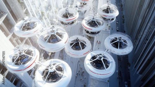 Futuristic city aerial view, flying vehicles, urban scene photo