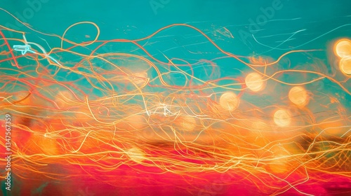 Wavy neon lights are formed by stripes of orange, pink, and turquoise colors in this 3D rendered background