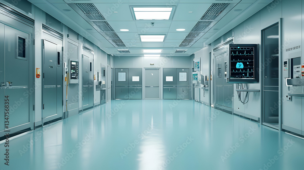 Fototapeta premium Modern Hospital Corridor With Stainless Steel Doors And Equipment