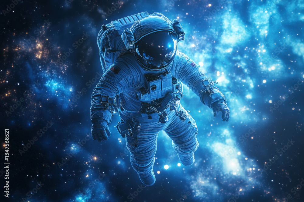 Fototapeta premium Astronaut floating in outer space near a space station, Earth in the background.