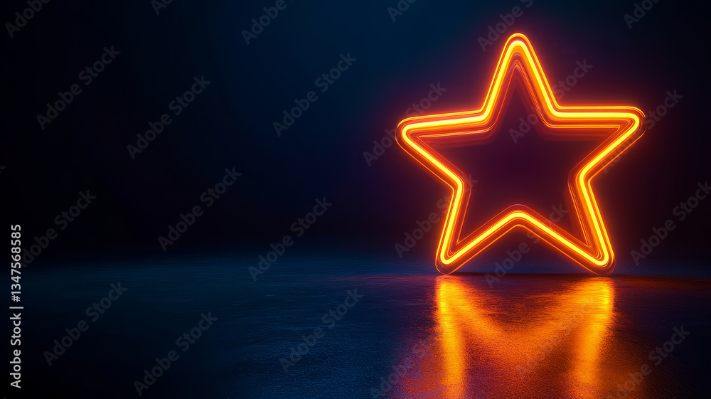 Obraz premium Neon star glowing with reflection in a dark space.