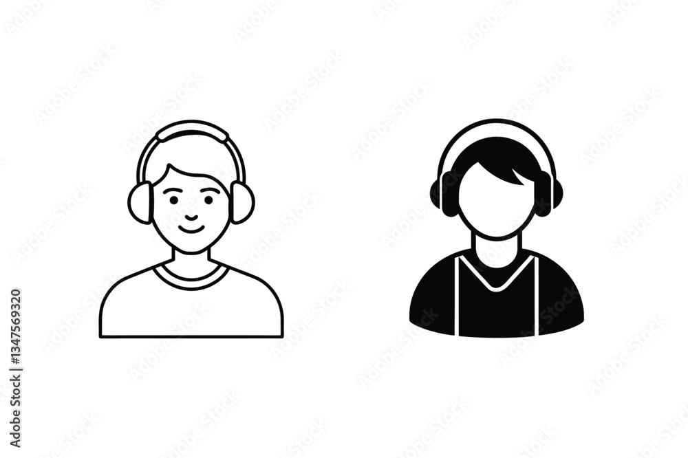 Headphone User Icons Line Art and Solid Black Designs Headphone User Icons Line Art and Solid Black Designs