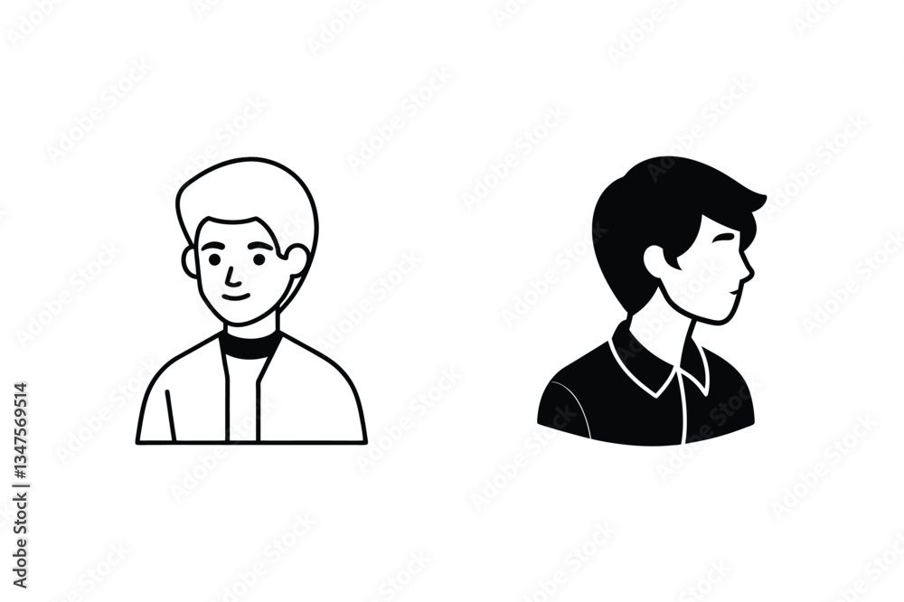 Simple Male Avatar Icons Line Art and Solid Black Simple Male Avatar Icons Line Art and Solid Black