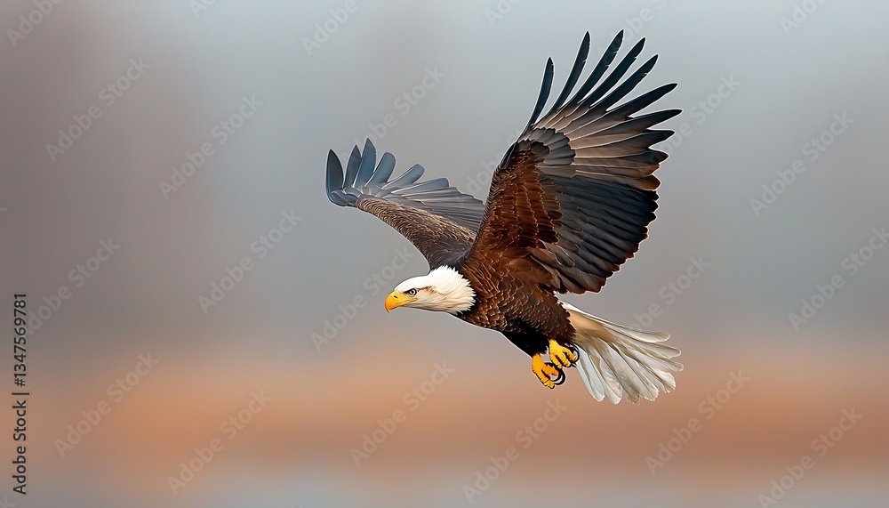 Obraz premium Bald Eagle in Flight with Autumn Sky.