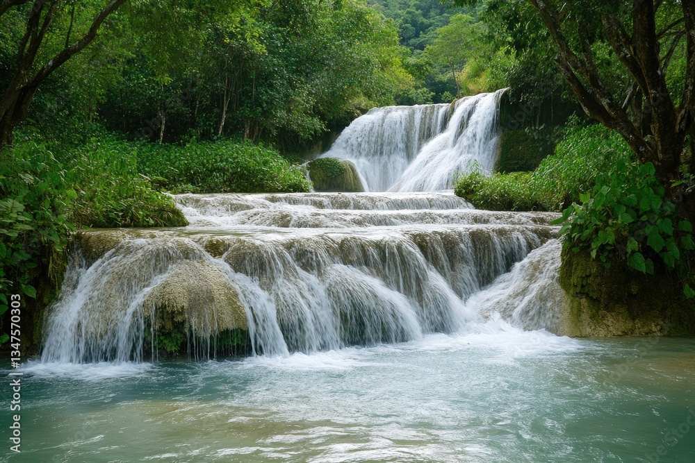 Fototapeta premium Serene tiered waterfall cascading through lush green jungle.