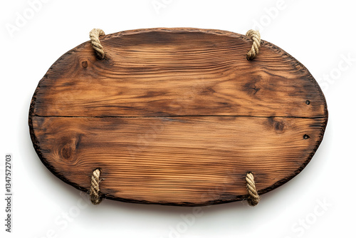 Wooden oval board with rustic joinery details and corners tied with rope, hyper-realistic on a white background