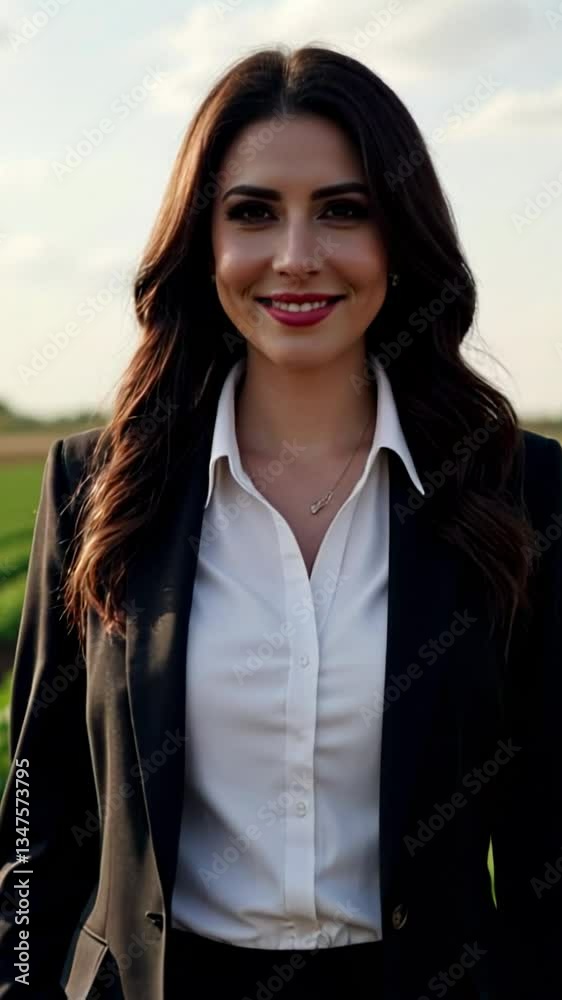 Confident businesswoman in a black suit and white shirt standing in a lush green agricultural field, smiling at the camera under a bright sky, representing sustainable farming,vertical video Confident businesswoman in a black suit and white shirt standing in a lush green agricultural field, smiling at the camera under a bright sky, representing sustainable farming,vertical video