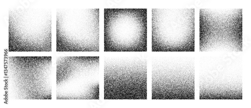Grainy noise square vector set. Dot grain texture squares. Spray texture sand and dissolving squares. Abstract black square with gradient stipple pattern. Vector illustration