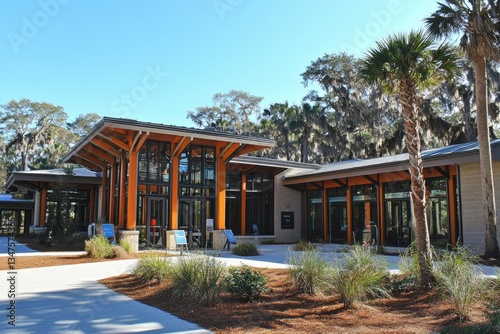 Modern visitor center nestled in a lush, natural setting.  Large windows offer scenic views.