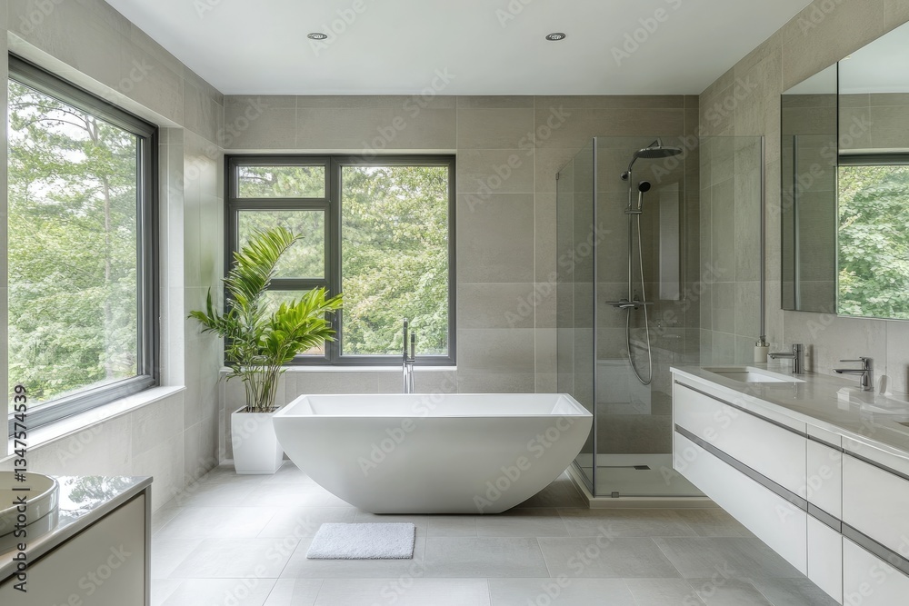 Modern bathroom with large windows, showing a spa-like tub and shower area Modern bathroom with large windows, showing a spa-like tub and shower area