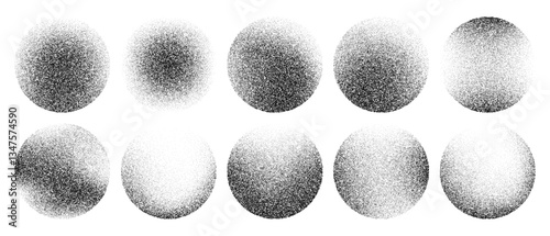 Grainy noise circles vector set. Dot grain texture circles. Spray texture sand and dissolving circles. Abstract black spheres with gradient stipple pattern.  Vector illustration