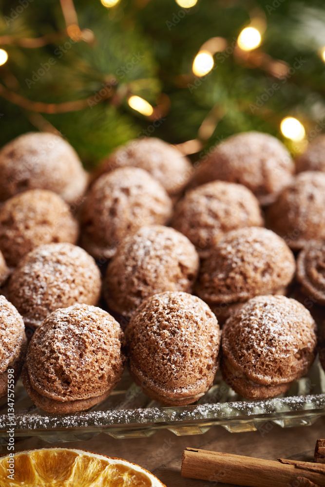 Nut shaped homemade Christmas cookies filled with cocoa cream Nut shaped homemade Christmas cookies filled with cocoa cream
