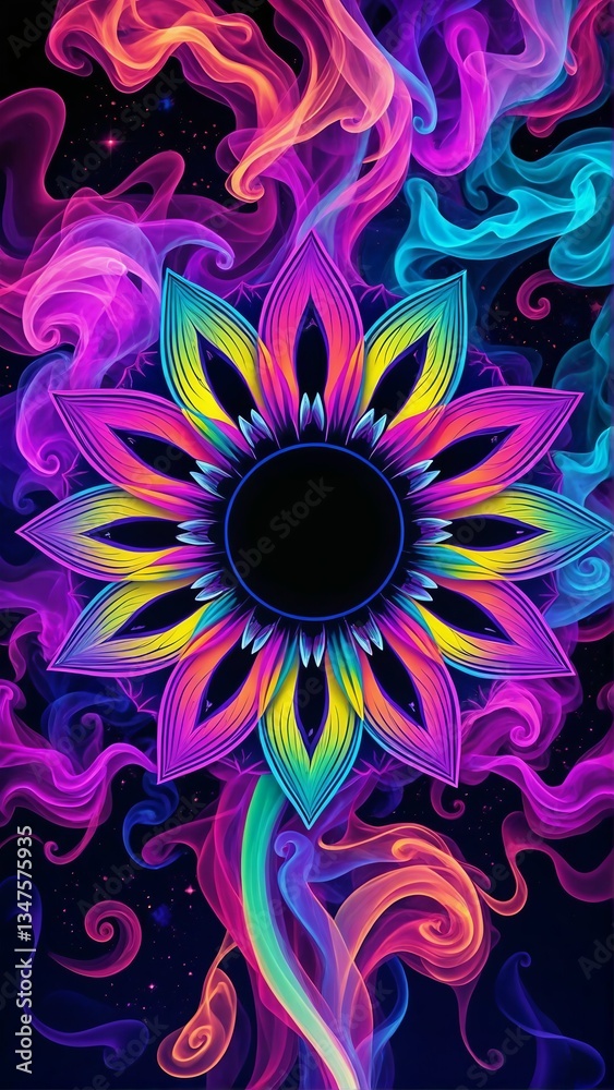 A vibrant abstract flower made of colorful swirling smoke on a dark background. A vibrant abstract flower made of colorful swirling smoke on a dark background.