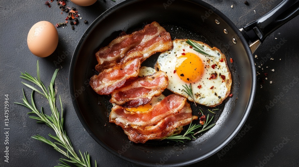 Bacon, eggs, and rosemary in a frying pan, isolated. Bacon, eggs, and rosemary in a frying pan, isolated.