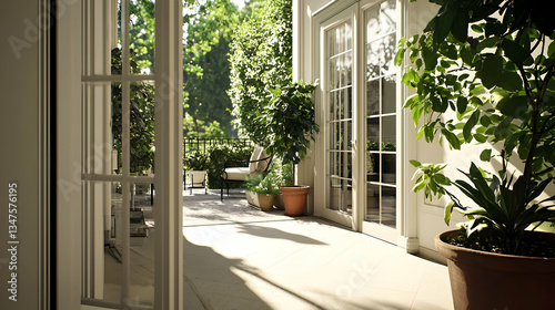 Brightly Lit Backyard Patio View With Open Doors Green Trees Plants And White Wooden Exterior