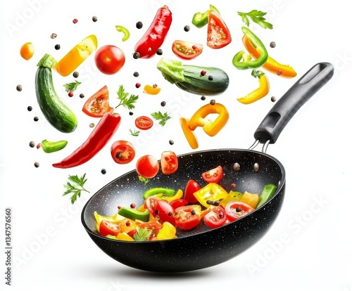 Vibrant kitchen scene with flying produce on a white backdrop.