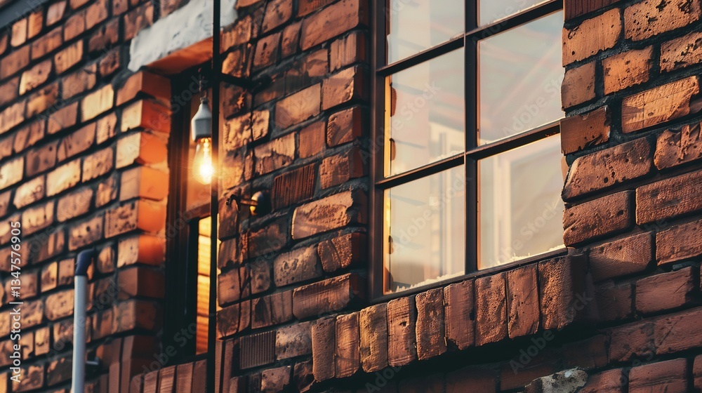 Fototapeta premium Cozy industrial style urban apartment loft window brick walls soft lighting warm color palette isolated white background
