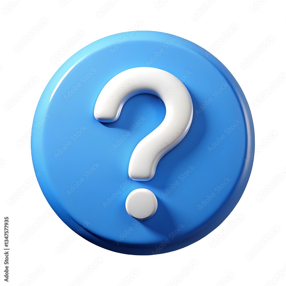 A curious white question mark on a vibrant blue circle, a playful 3D design. A curious white question mark on a vibrant blue circle, a playful 3D design.