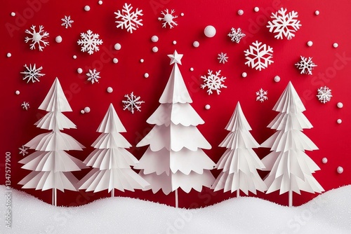 Delightful red backdrop enhancing snowy tree designs for the holidays.