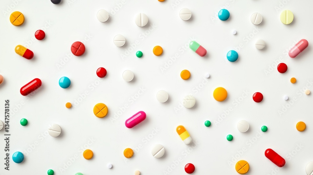 Vivid assortment of pills and tablets arranged on a white surface. Vivid assortment of pills and tablets arranged on a white surface.