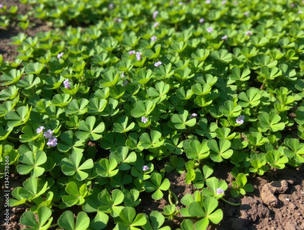 Clover covering a garden bed, small green leaves and white flowers in the soil, natural growth pattern, bright sunlight, side view. Clover covering a garden bed, small green leaves and white flowers in the soil, natural growth pattern, bright sunlight, side view.