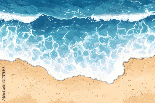Aerial view of blue ocean waves crashing on the sandy beach, showcasing the beauty of coastal nature illustration --ar 3:2 - Image #3 @fme39856