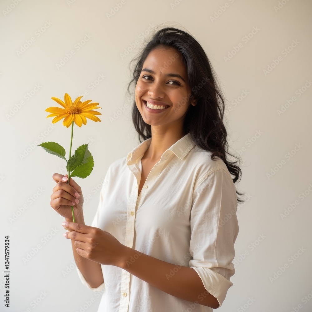 Indian woman teacher with flower, smiling on plain light backdrop, minimal style, great for positivity and teacher themes. Indian woman teacher with flower, smiling on plain light backdrop, minimal style, great for positivity and teacher themes.