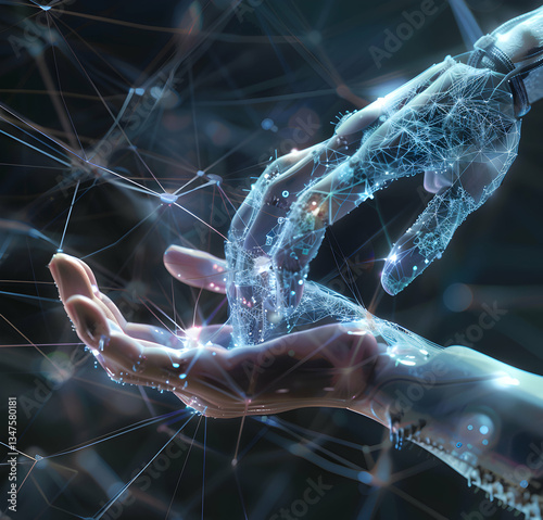 A blue 3D rendered illustration merges a human hand with a DNA fractal, embodying science and technology's power